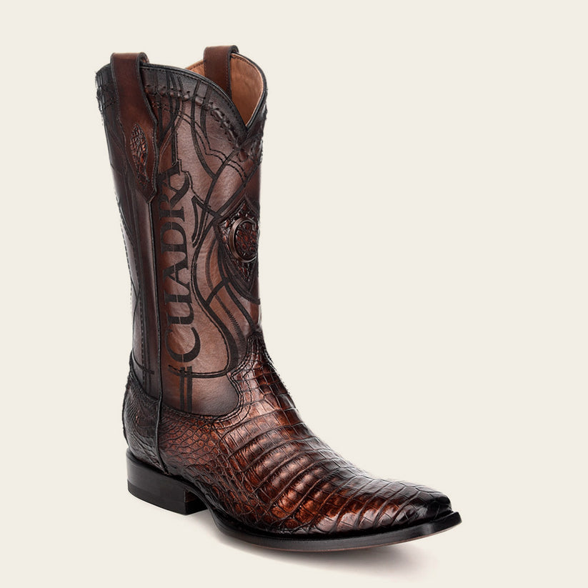 Laser Engraved Exotic Brown Leather Cowboy Boot
