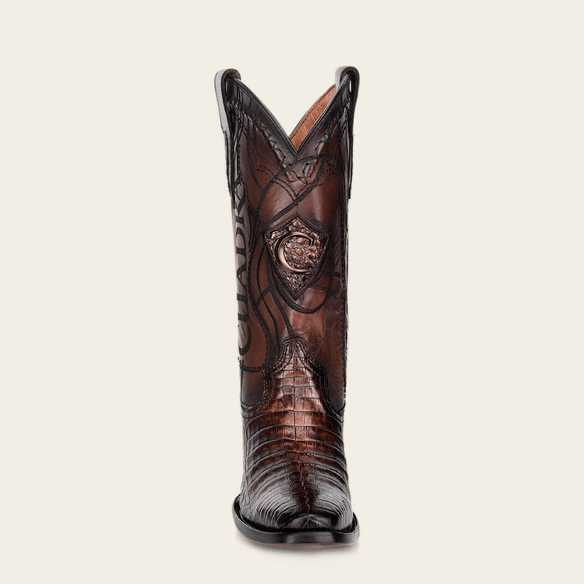Laser Engraved Exotic Brown Leather Cowboy Boot