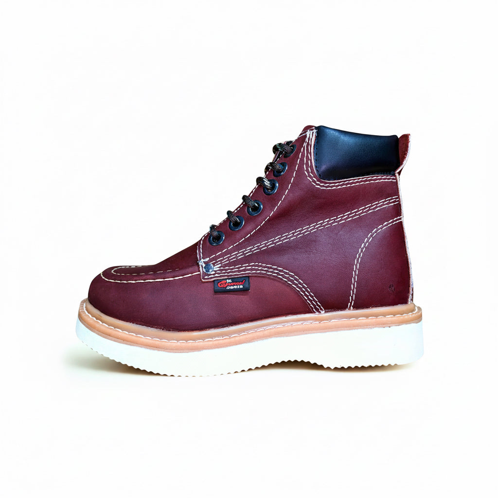 Cerro Piel Shedron Rayas Ambar men’s work boot in burgundy leather with wedge sole side view