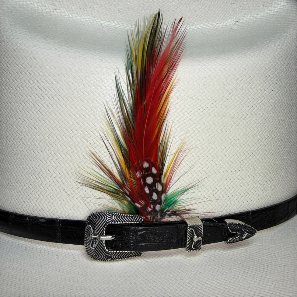 Close-up of hatband and feather detail on Cuernos Chuecos 150X Cowboy Hat