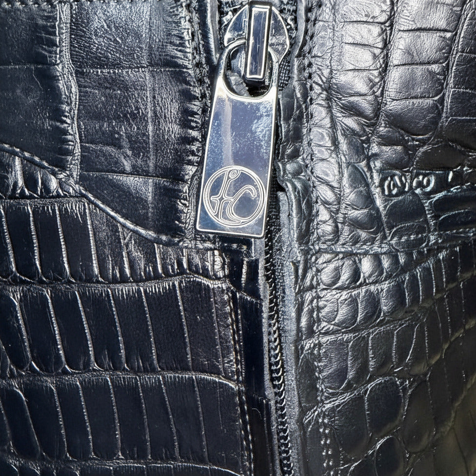 Close-up of black alligator leather texture on Cuadra Men’s Black Alligator Zipper Round Toe Boot