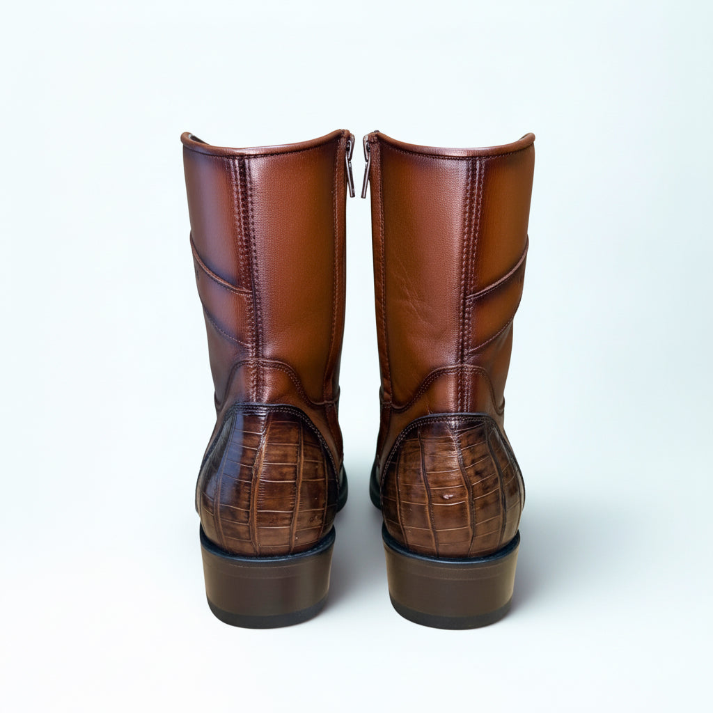 Bota de Caimán Marrón Descolorido de Punta Cuadrada Estrecha