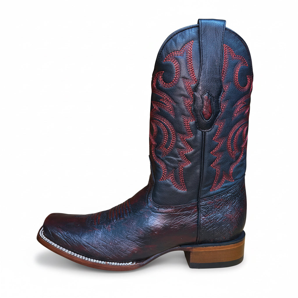 Side profile of Los Altos black cherry smooth ostrich Western boot