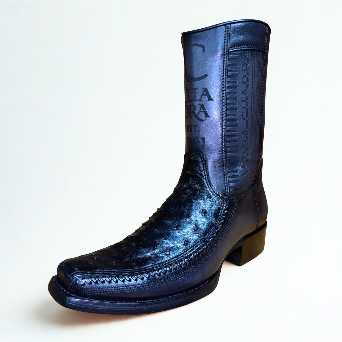 Cuadra Black Ostrich Lazer & Woven Narrow Square Toe Boots angled view in black leather
