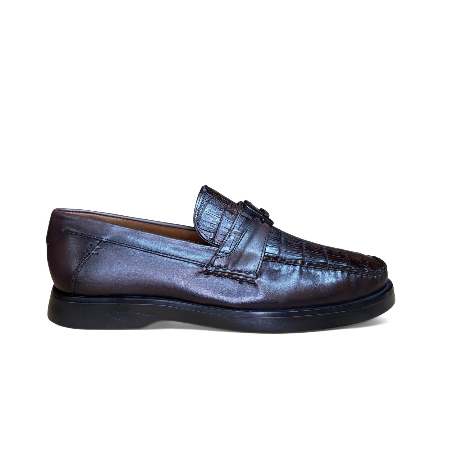 Cuadra Men’s Brown Caiman Slip-On Round Toe Loafer opposite side view in brown leather