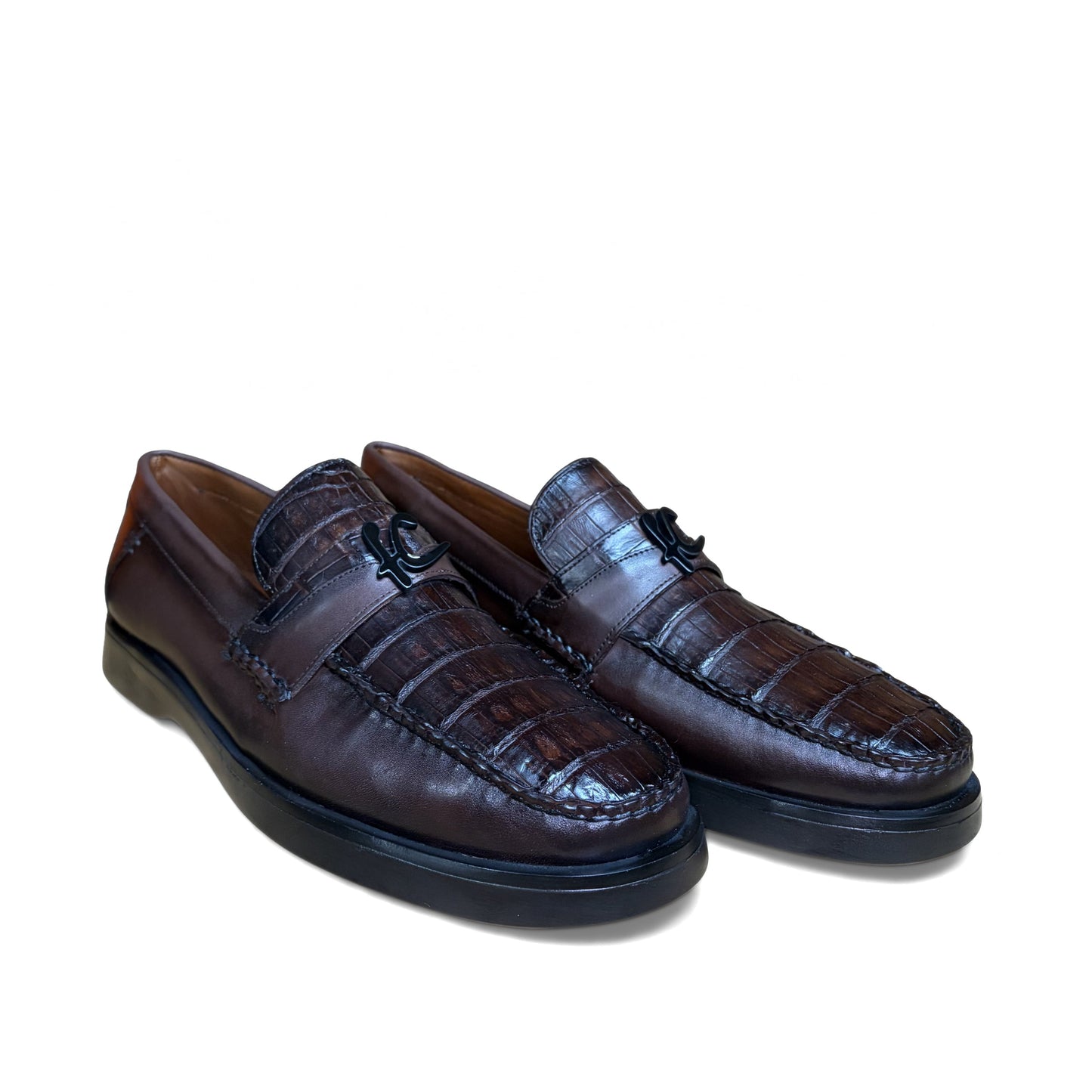 Pair of Cuadra Men’s Brown Caiman Slip-On Round Toe Loafers in brown leather
