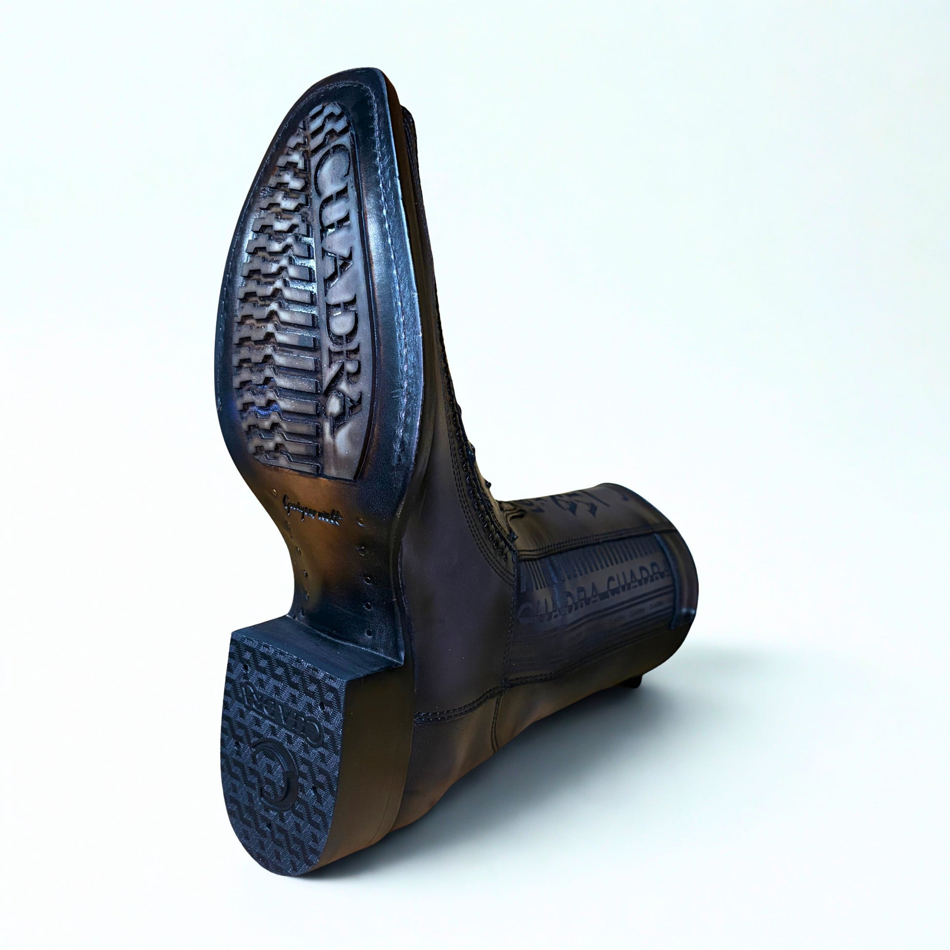 Cuadra Black Ostrich Lazer & Woven Narrow Square Toe Boots outsole view showing tread