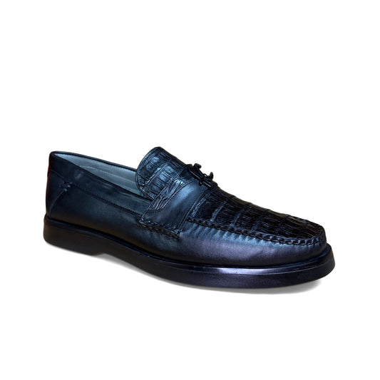 Cuadra Men’s Black Caiman Slip-On Round Toe Loafer angled side view in black leather