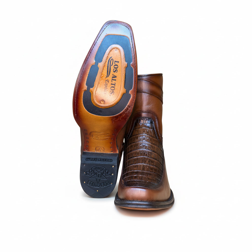 Bota de Caimán Marrón Descolorido de Punta Cuadrada Estrecha