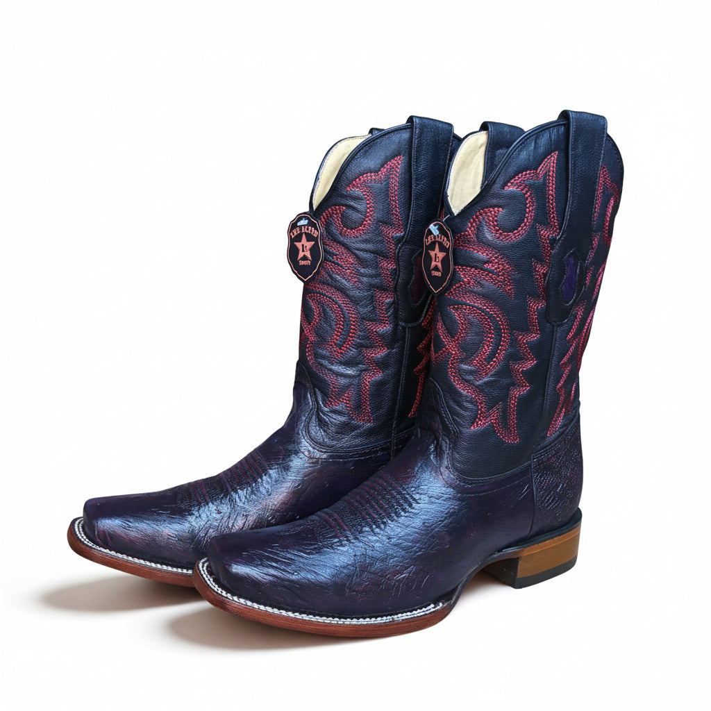 Los Altos smooth ostrich black cherry rodeo square toe boot front angle pair