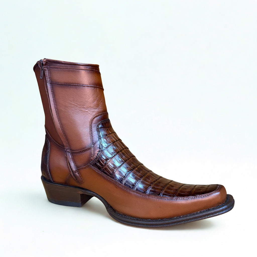 Bota de Caimán Marrón Descolorido de Punta Cuadrada Estrecha