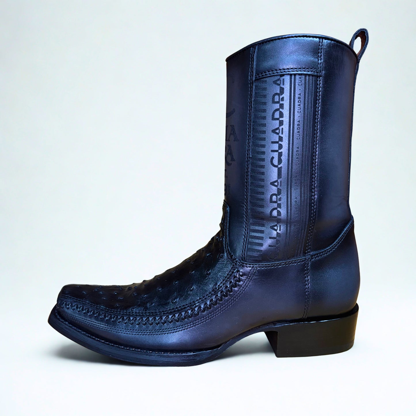 Cuadra Black Ostrich Lazer & Woven Narrow Square Toe Boots side view in black leather