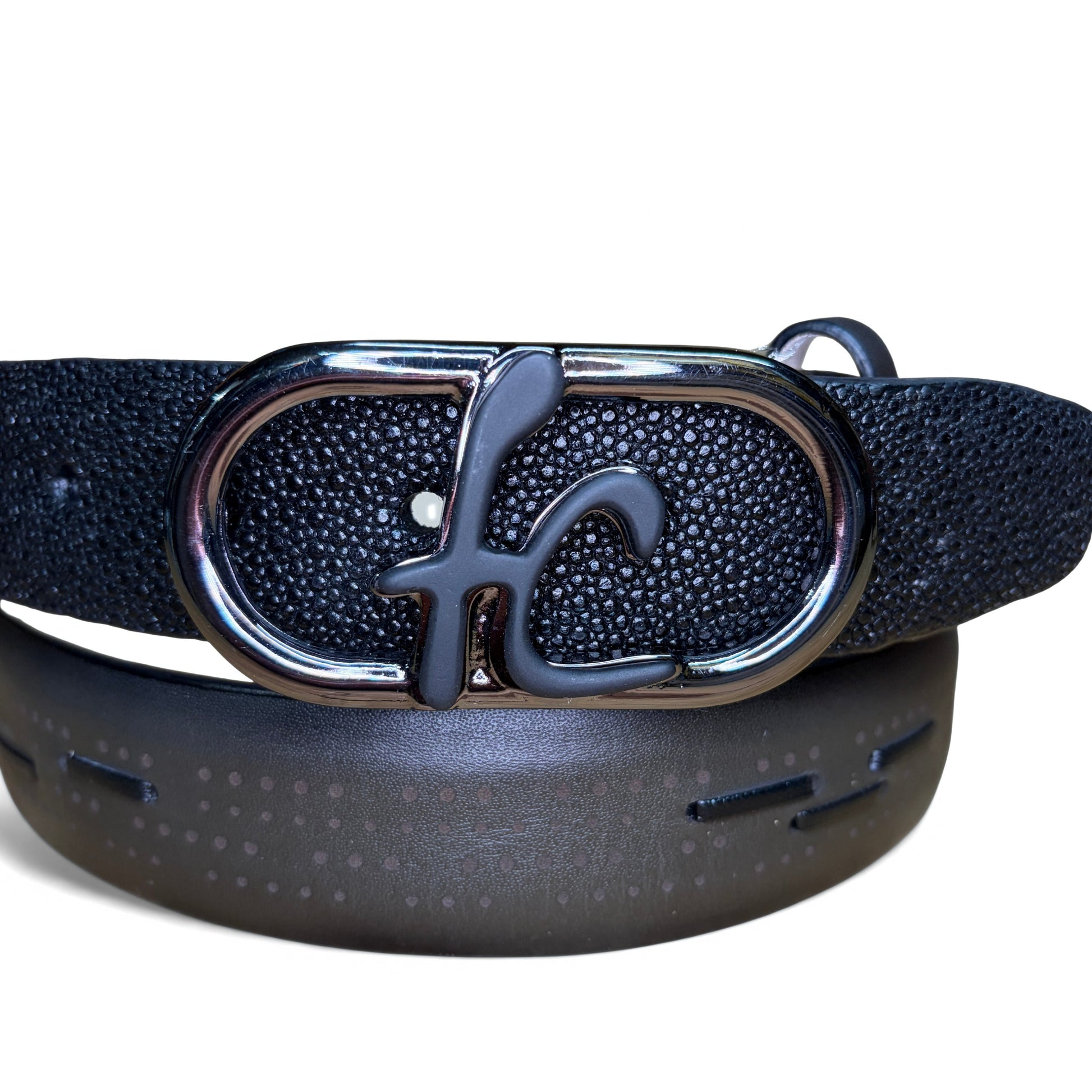 Cuadra Men’s Black Stingray Woven Belt front view with buckle and woven texture