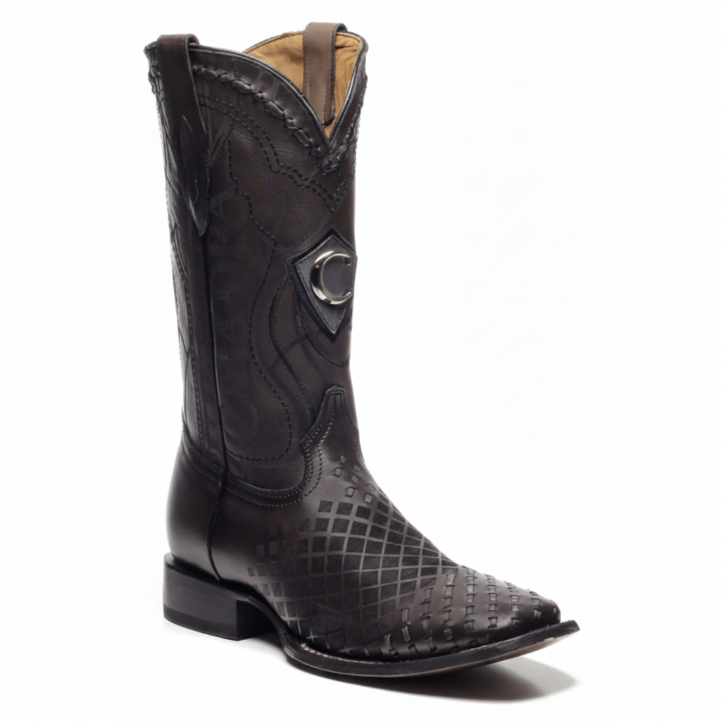 Cuadra engraved black leather western boot angled profile
