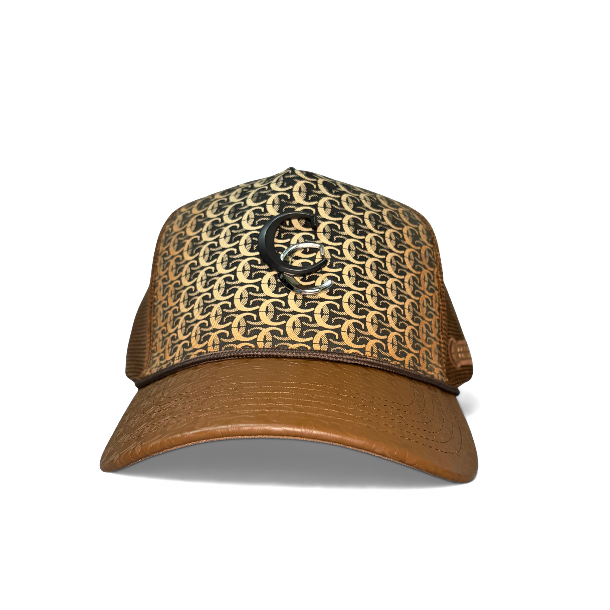 Front view of Cuadra patterned brown cap with logo patch