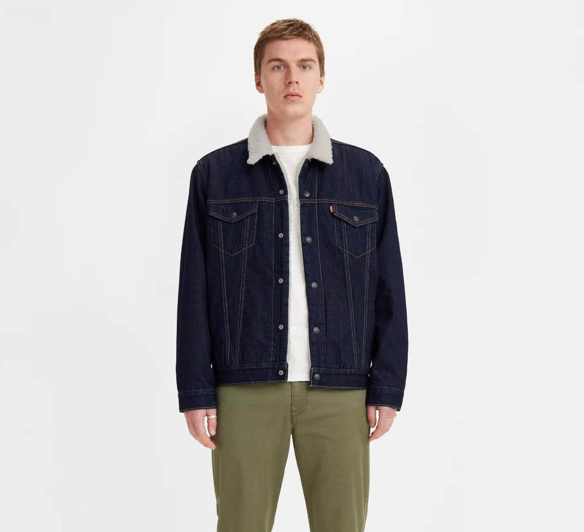 Men’s Levi’s blue sherpa-lined trucker jacket front view