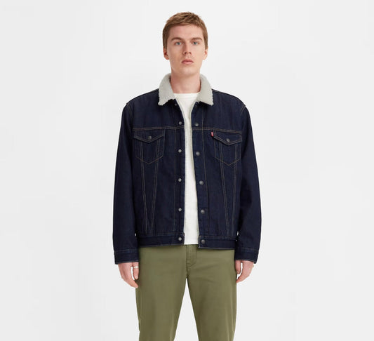 Men’s Levi’s blue sherpa-lined trucker jacket front view