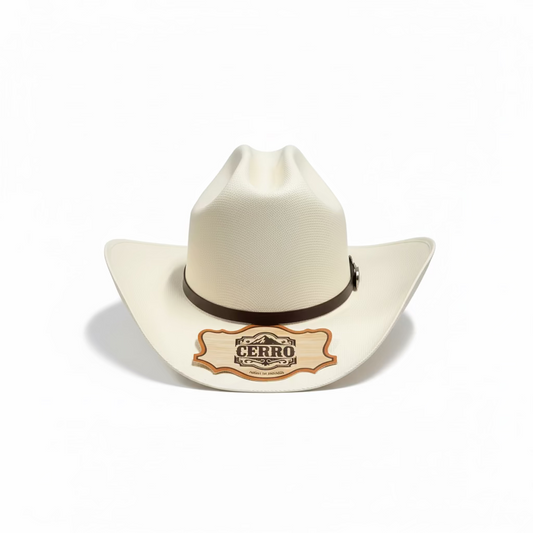 Cerro 1000X Virgen Maria Brown Hat Band Hat front view in beige with decorative hatband