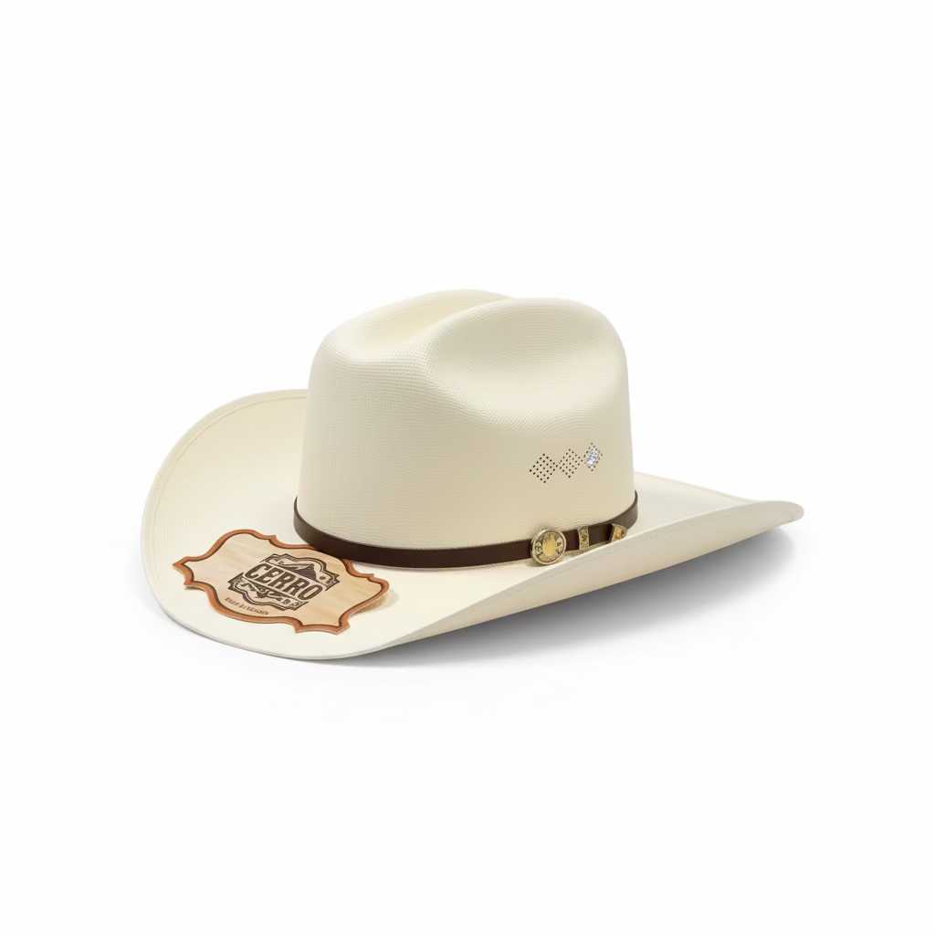 Cerro 1000X Virgen Maria Brown Hat Band Hat front angled view in beige with decorative hatband