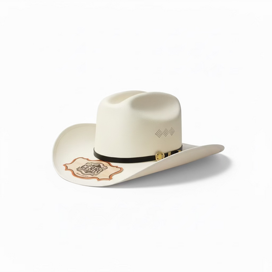 Cerro 1000X Virgen Maria Black Hat Band Hat front angled view in beige with decorative hatband