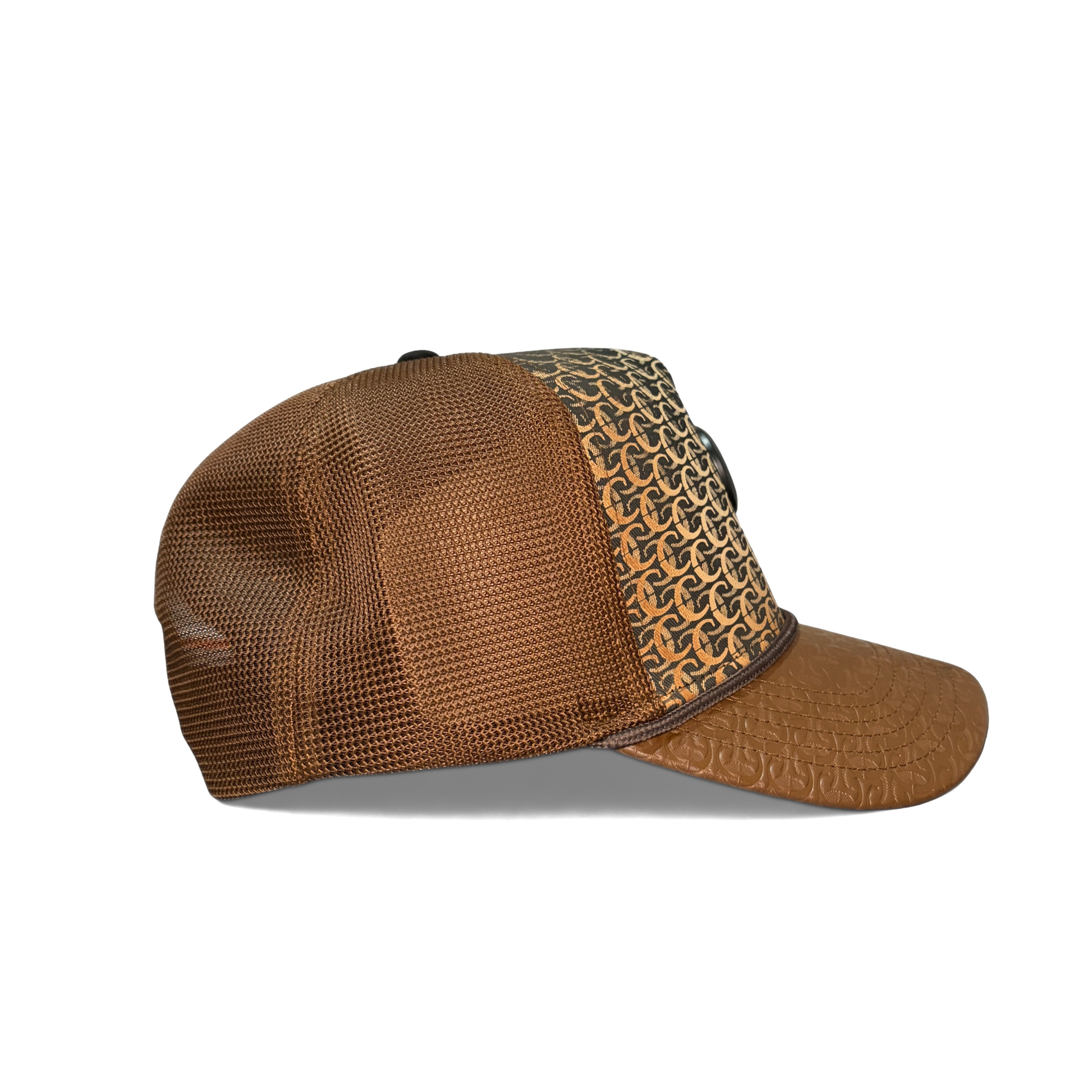 Side view of Cuadra patterned brown cap with logo patch