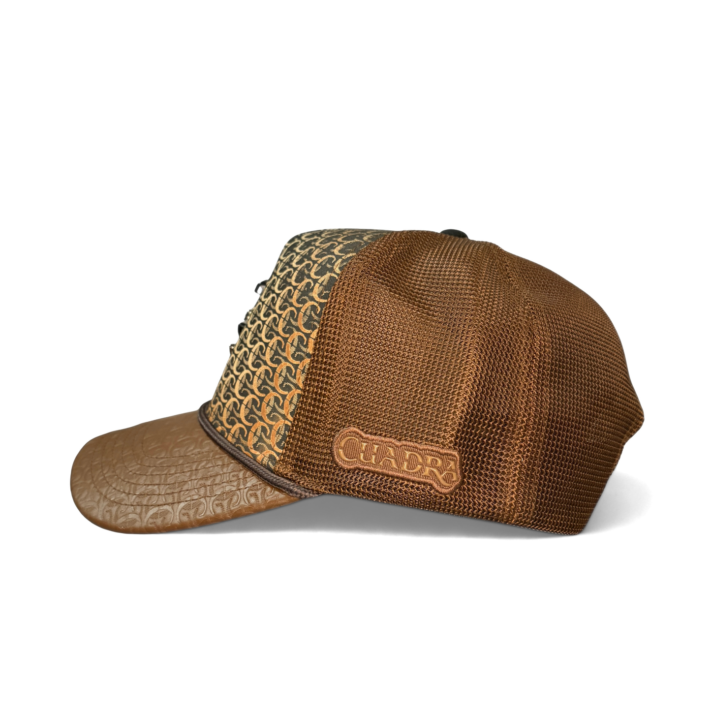 Side view of Cuadra patterned brown cap with logo patch
