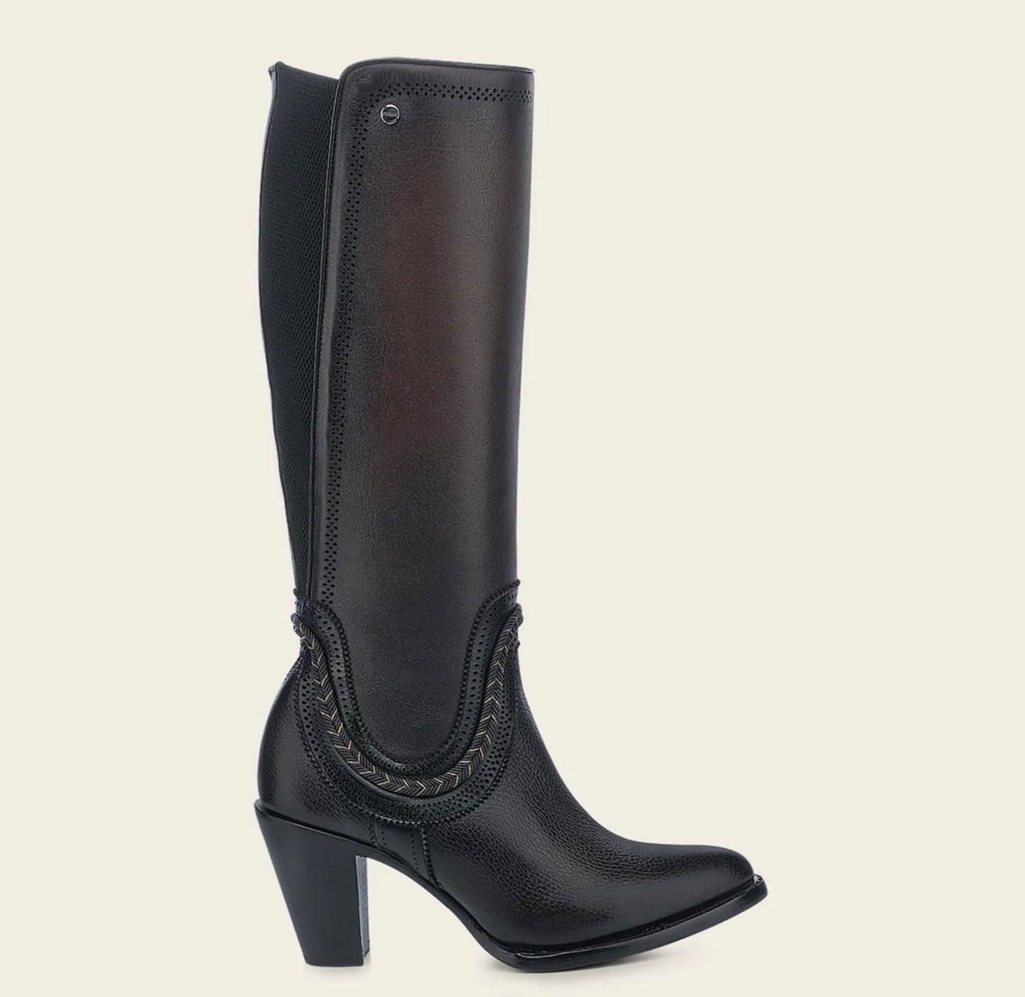 Cuadra Tall Elegant Bovine Boot angled side view in dark brown leather