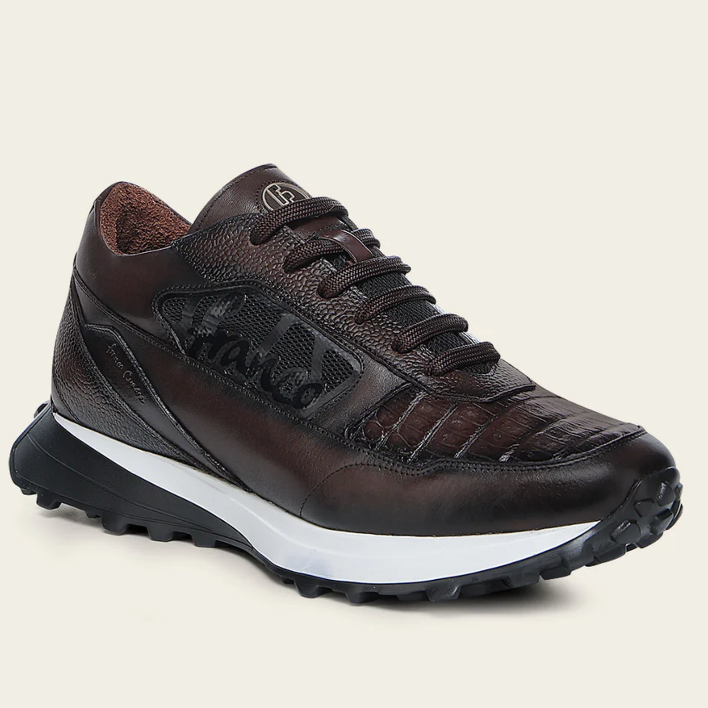 Cuadra Genuine Cayman Leather Sneakers angled side view in dark brown leather