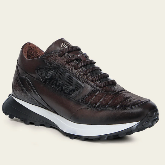 Cuadra Genuine Cayman Leather Sneakers angled side view in dark brown leather