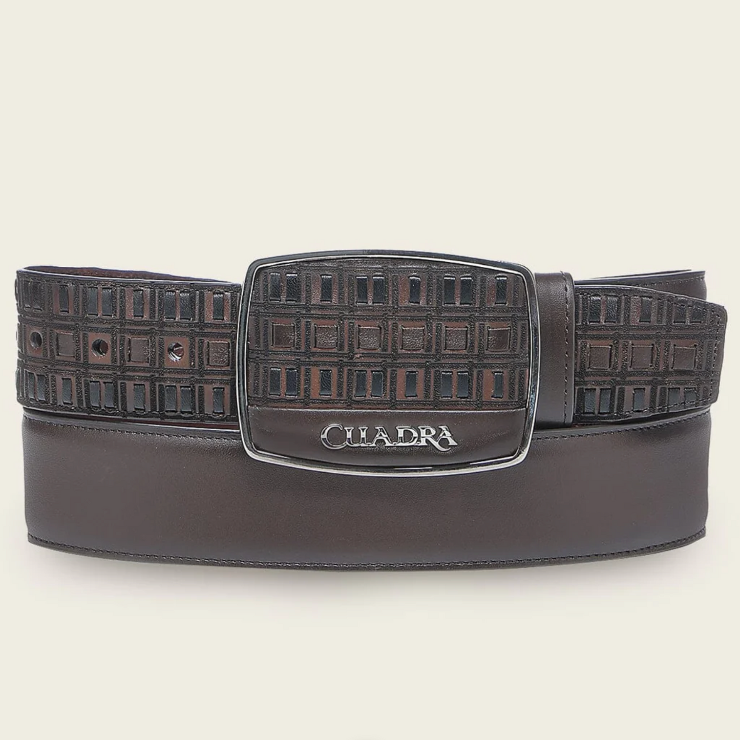 Cuadra Genuine Leather Belt front view in brown leather with engraved buckle