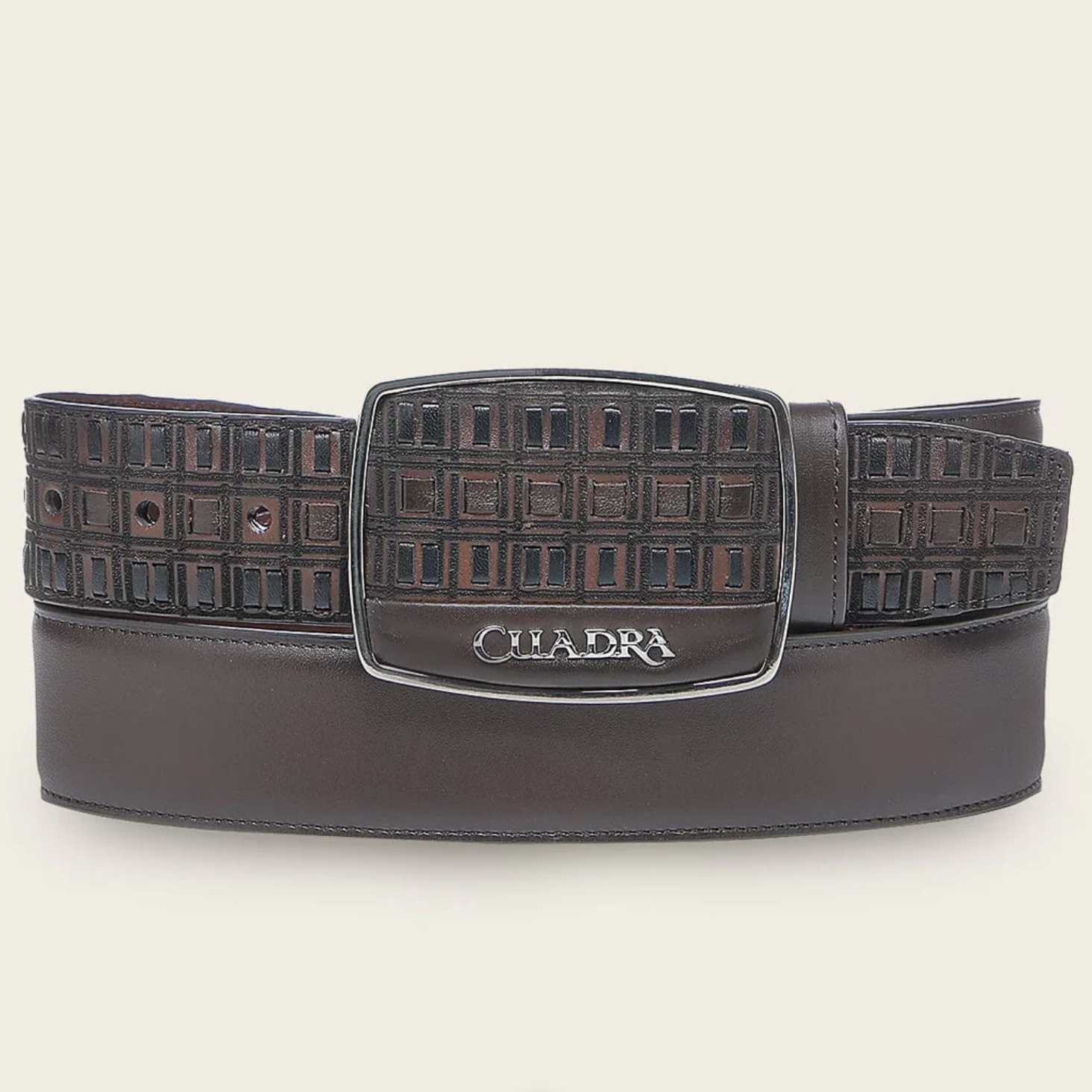 Cuadra Genuine Leather Belt front view in brown leather with engraved buckle