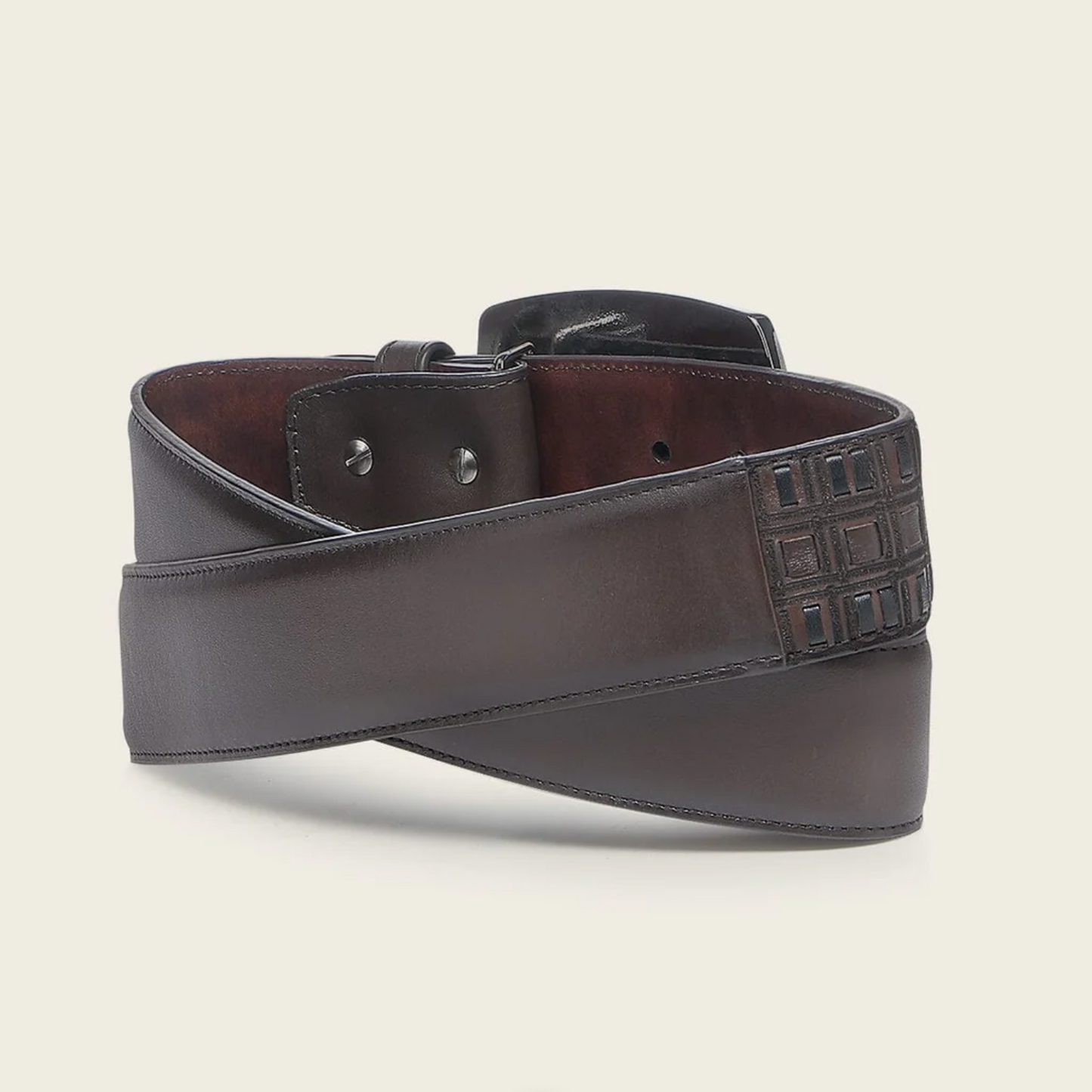 Cuadra Genuine Leather Belt rolled back side view in brown leather