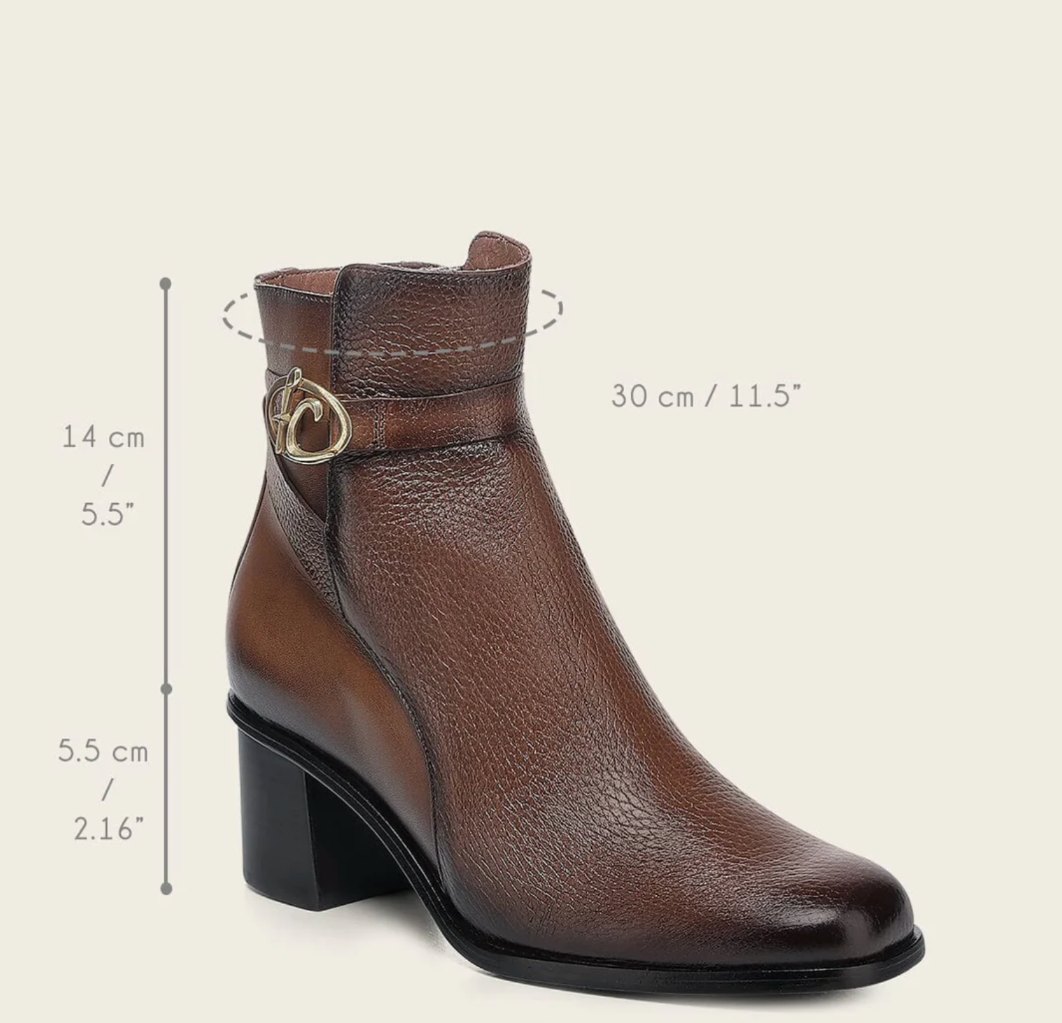 Cuadra Women’s Genuine Deer Leather Dress Boot front angle view with dimensions
