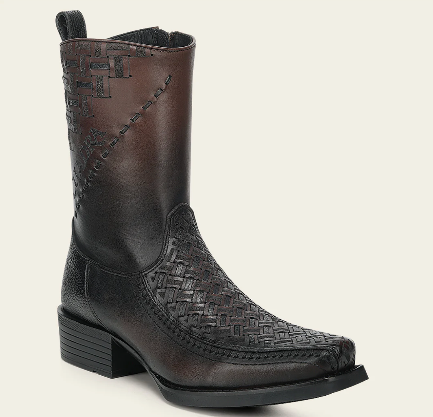 Cuadra Chocolate Laser & Woven Narrow Square Toe Western Boot front angle