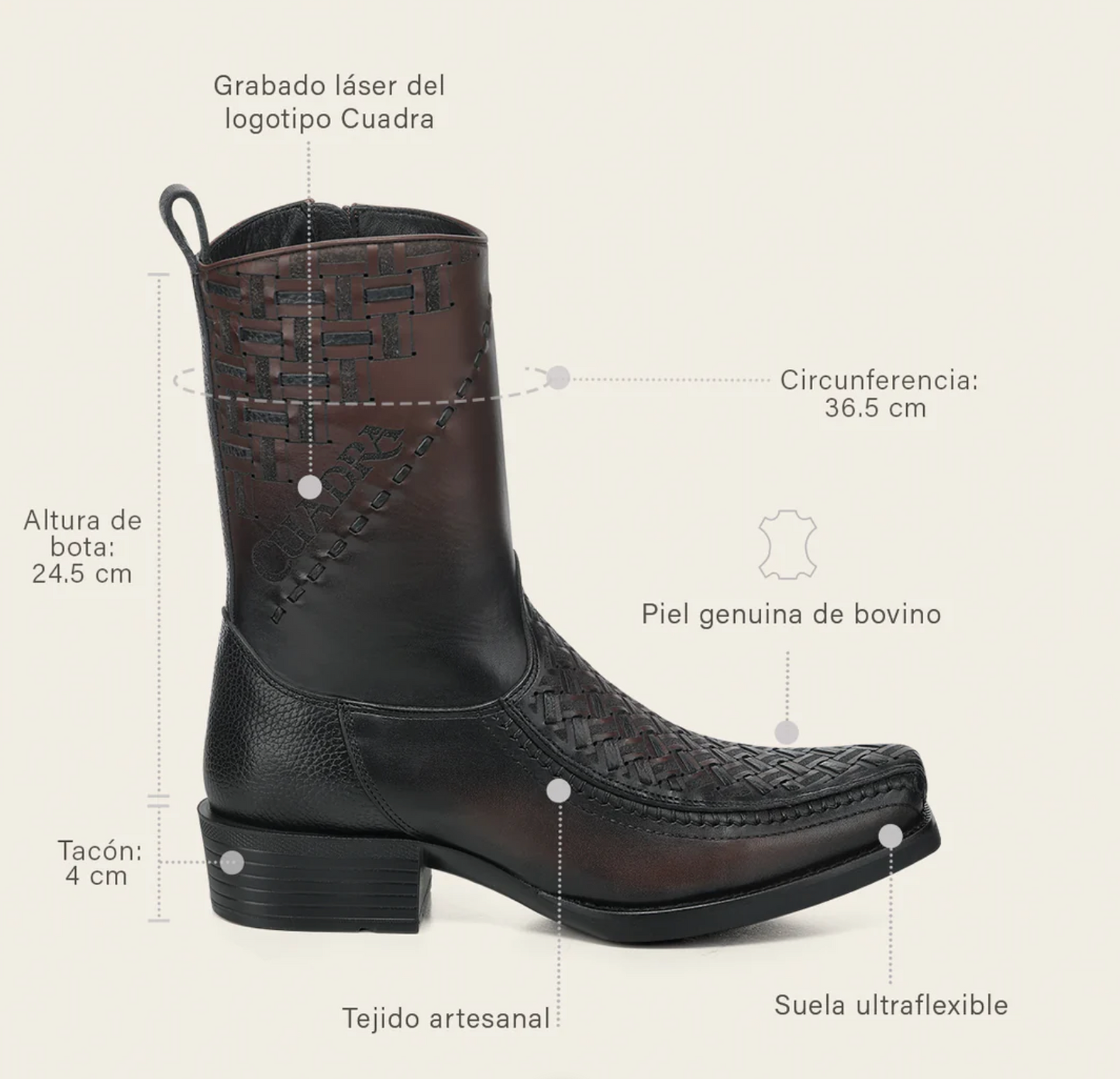 Cuadra Chocolate Laser & Woven Narrow Square Toe Western Boot side profile with size guide