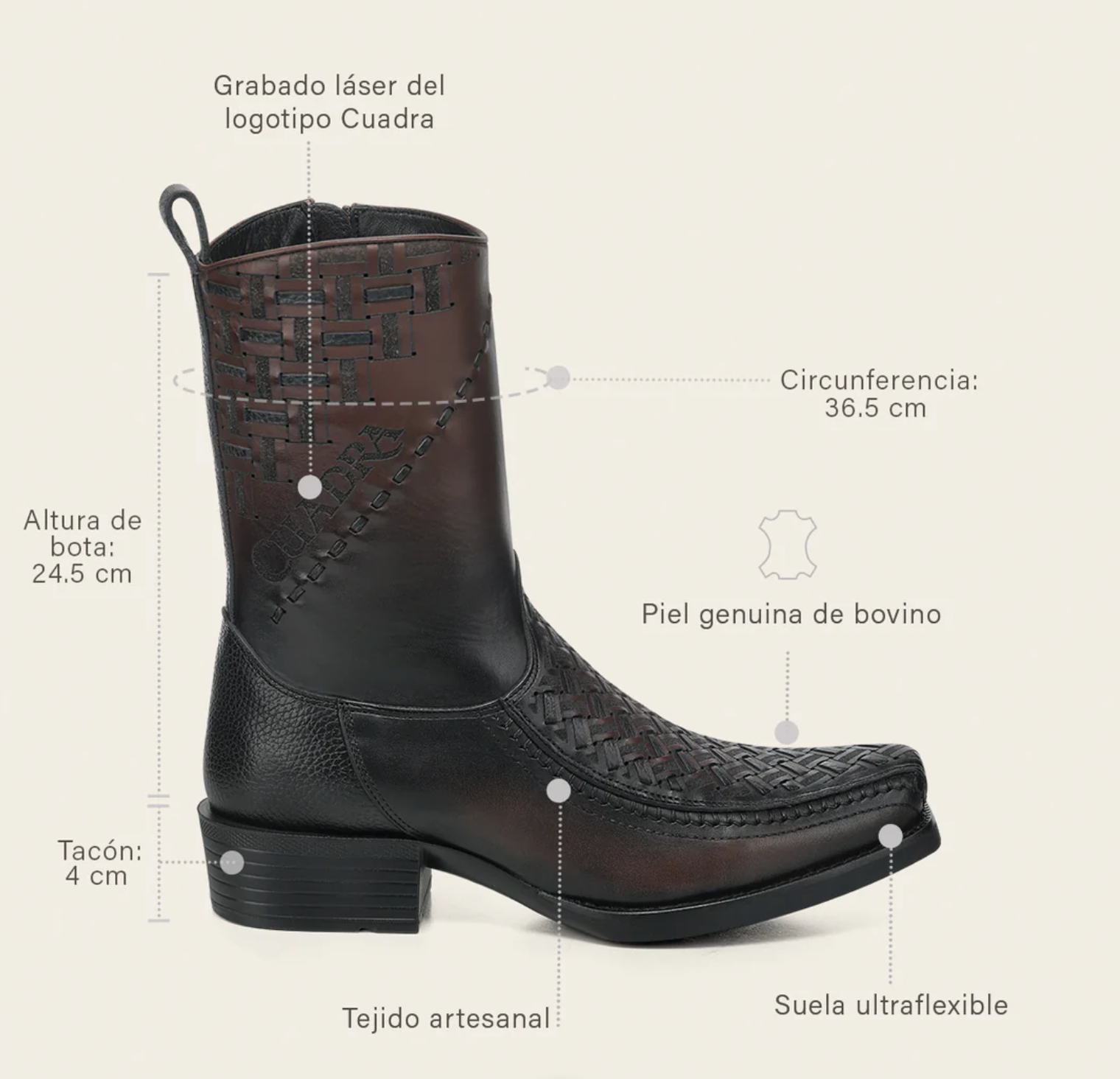 Cuadra Chocolate Laser & Woven Narrow Square Toe Western Boot side profile with size guide