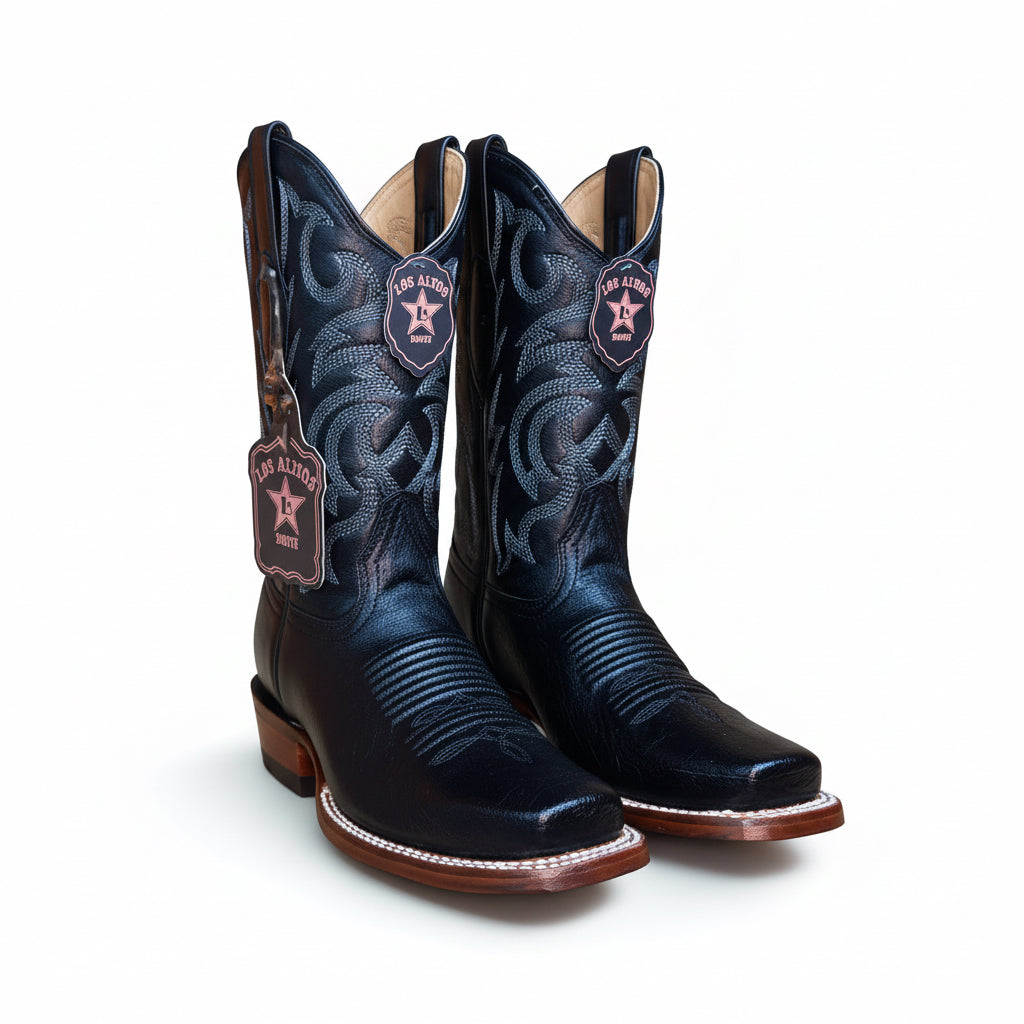 Los Altos Smooth Ostrich Black Rodeo Square Toe Boot front angle pair view