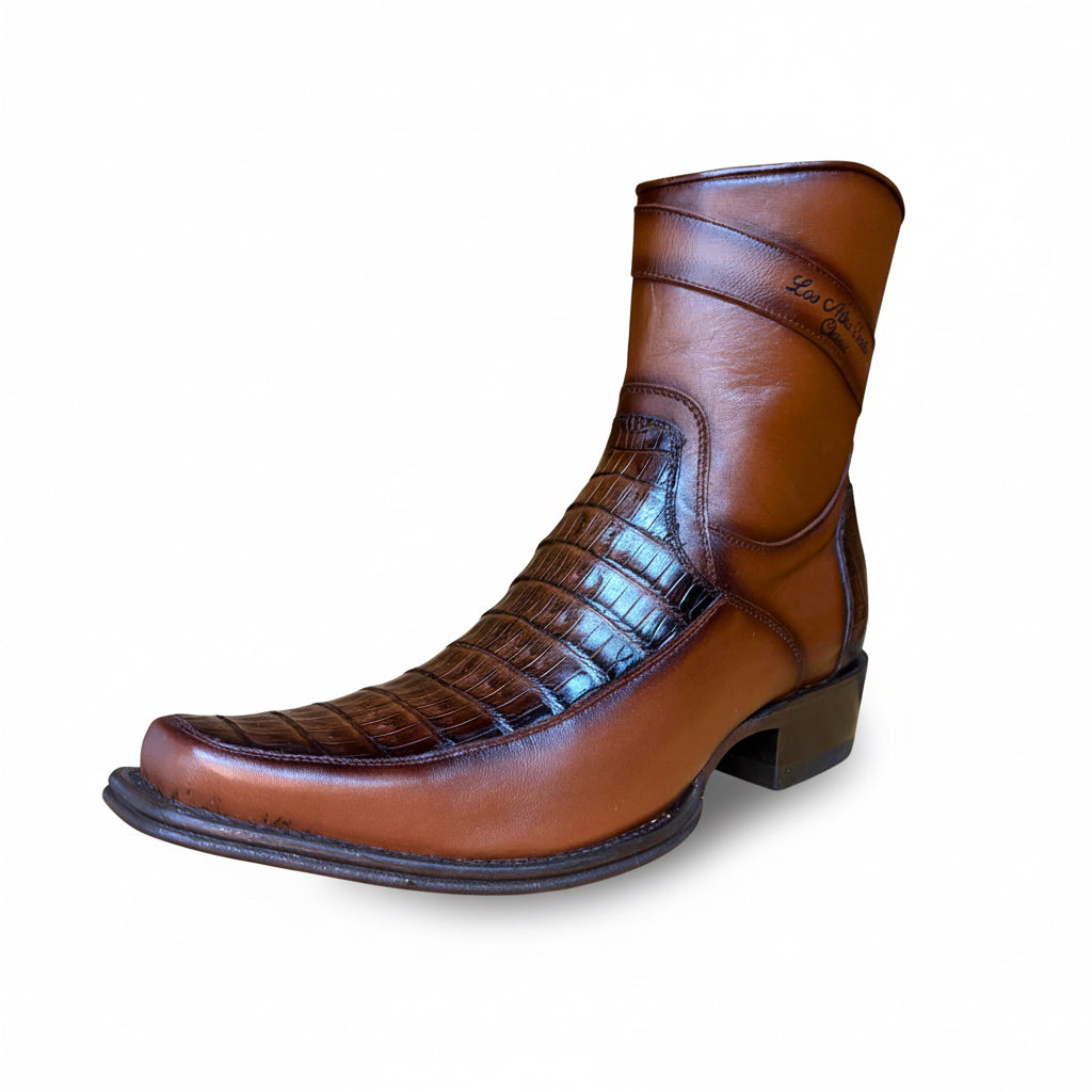 Bota de Caimán Marrón Descolorido de Punta Cuadrada Estrecha