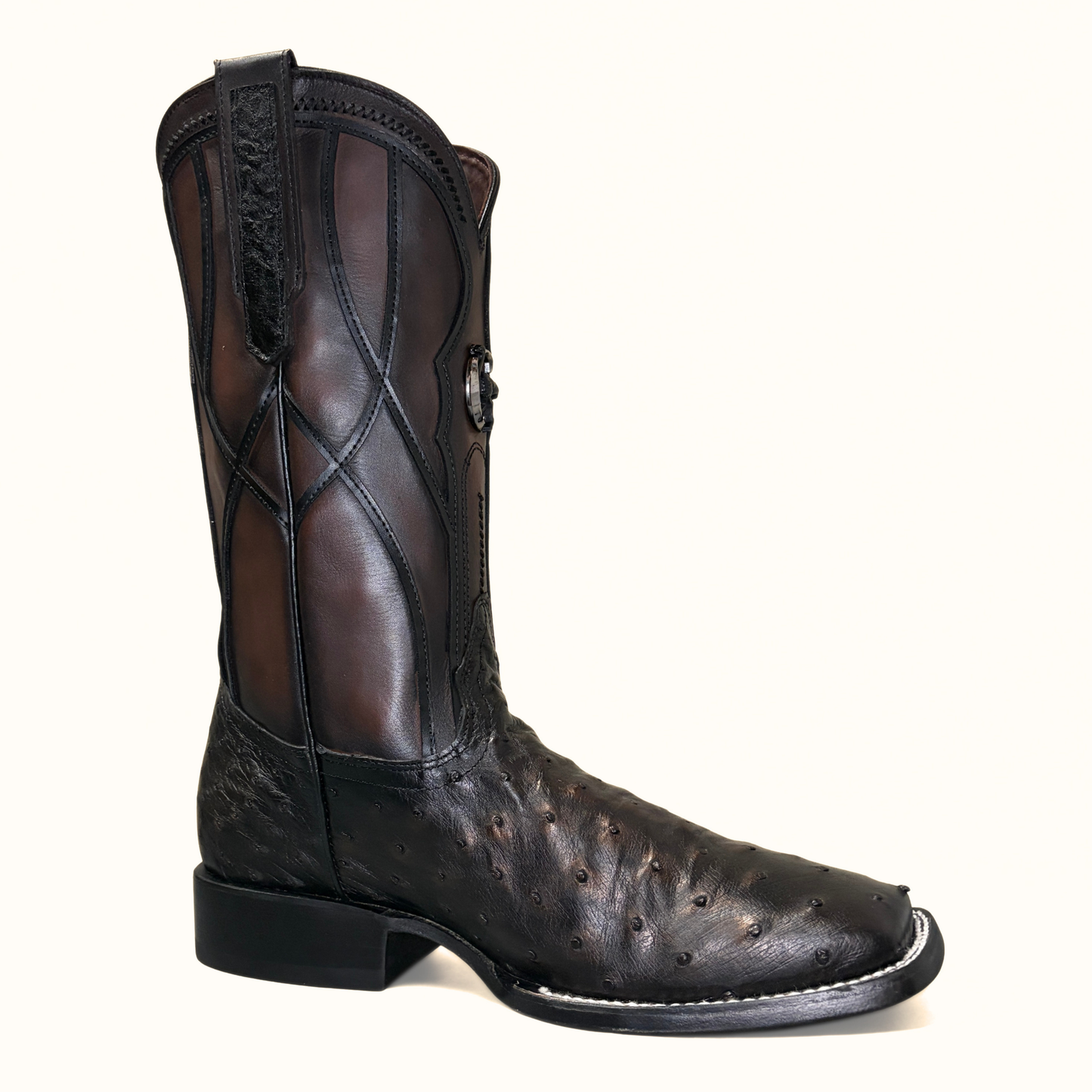 Cuadra Gold Ostrich Embroidered Square Toe Boots angled front view