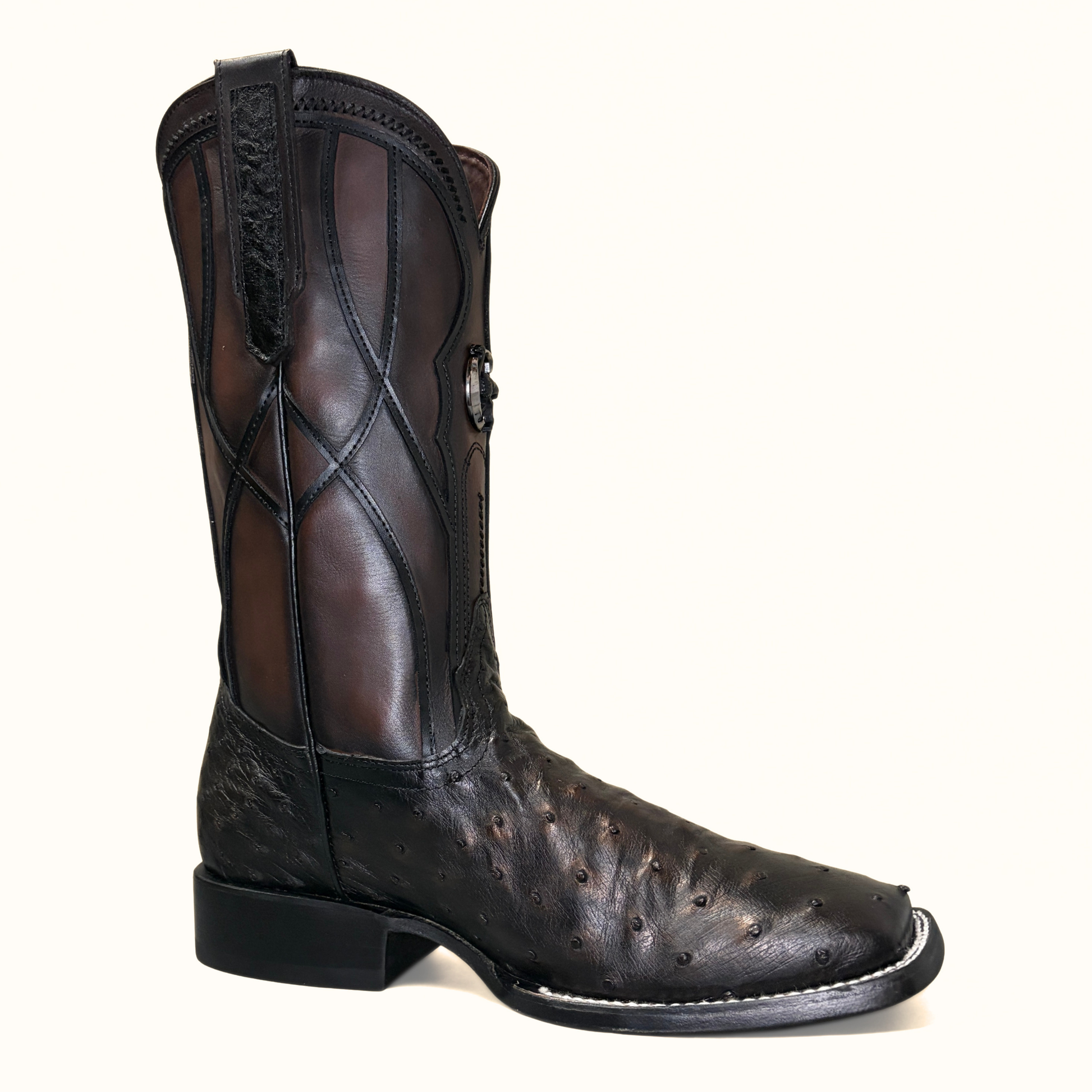 Cuadra Gold Ostrich Embroidered Square Toe Boots angled front view