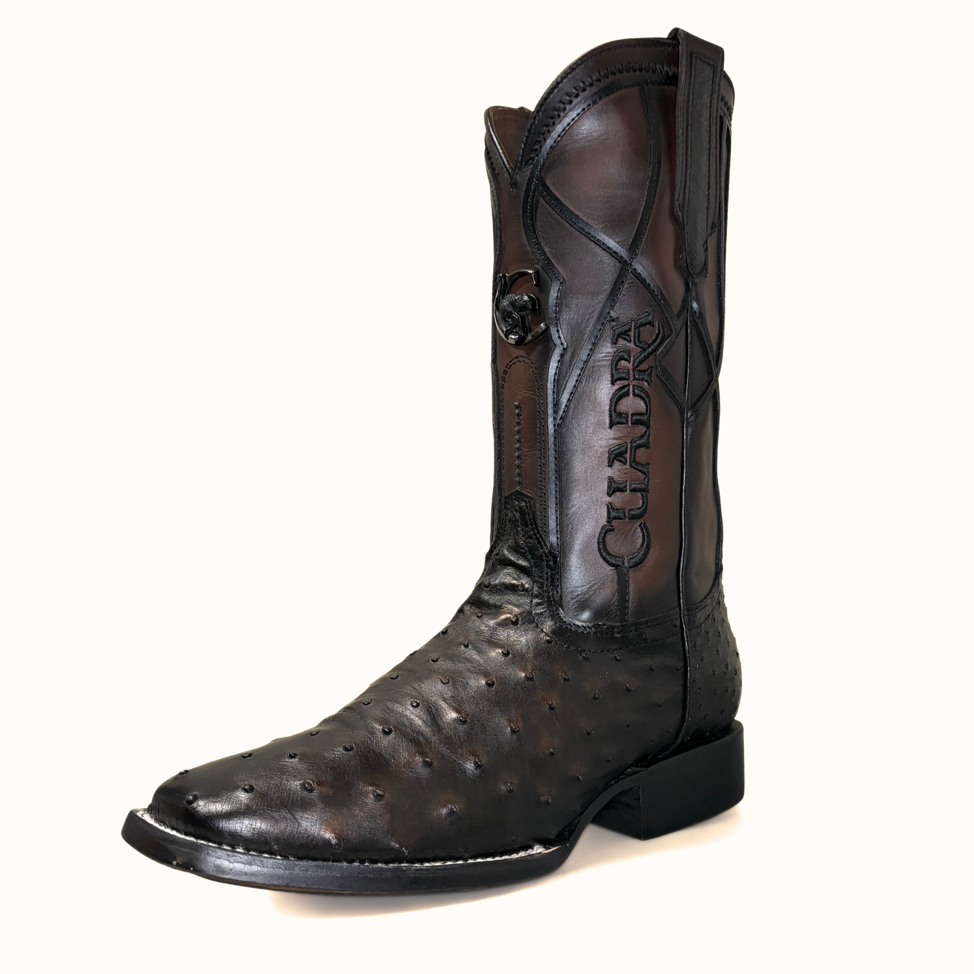 Cuadra Gold Ostrich Embroidered Square Toe Boots angled front view