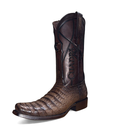 Cuadra Men’s Brown Caiman Embroidery and Woven Narrow Square Toe Boot angled view in brown leather