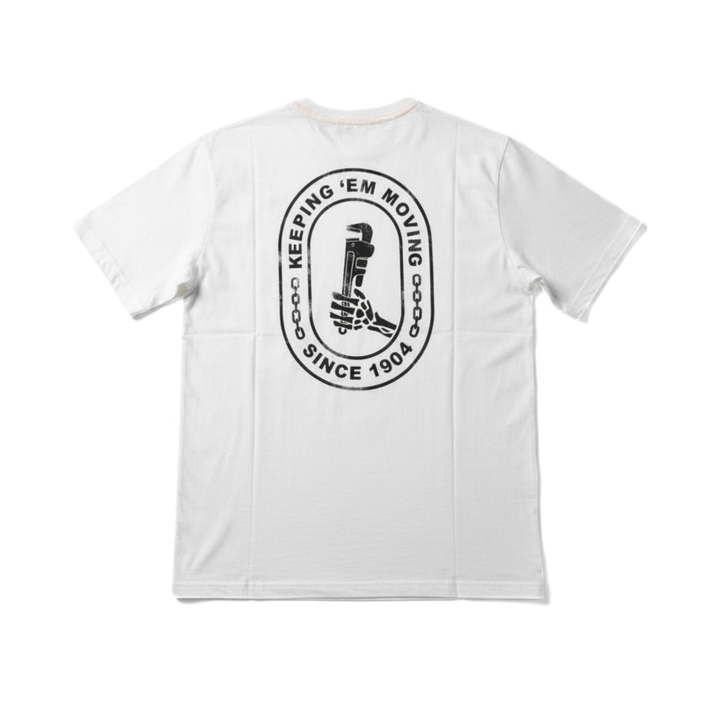 CAT Basic Graphic Wrench Vanilla Tee frobackt view in white with large graphic print
