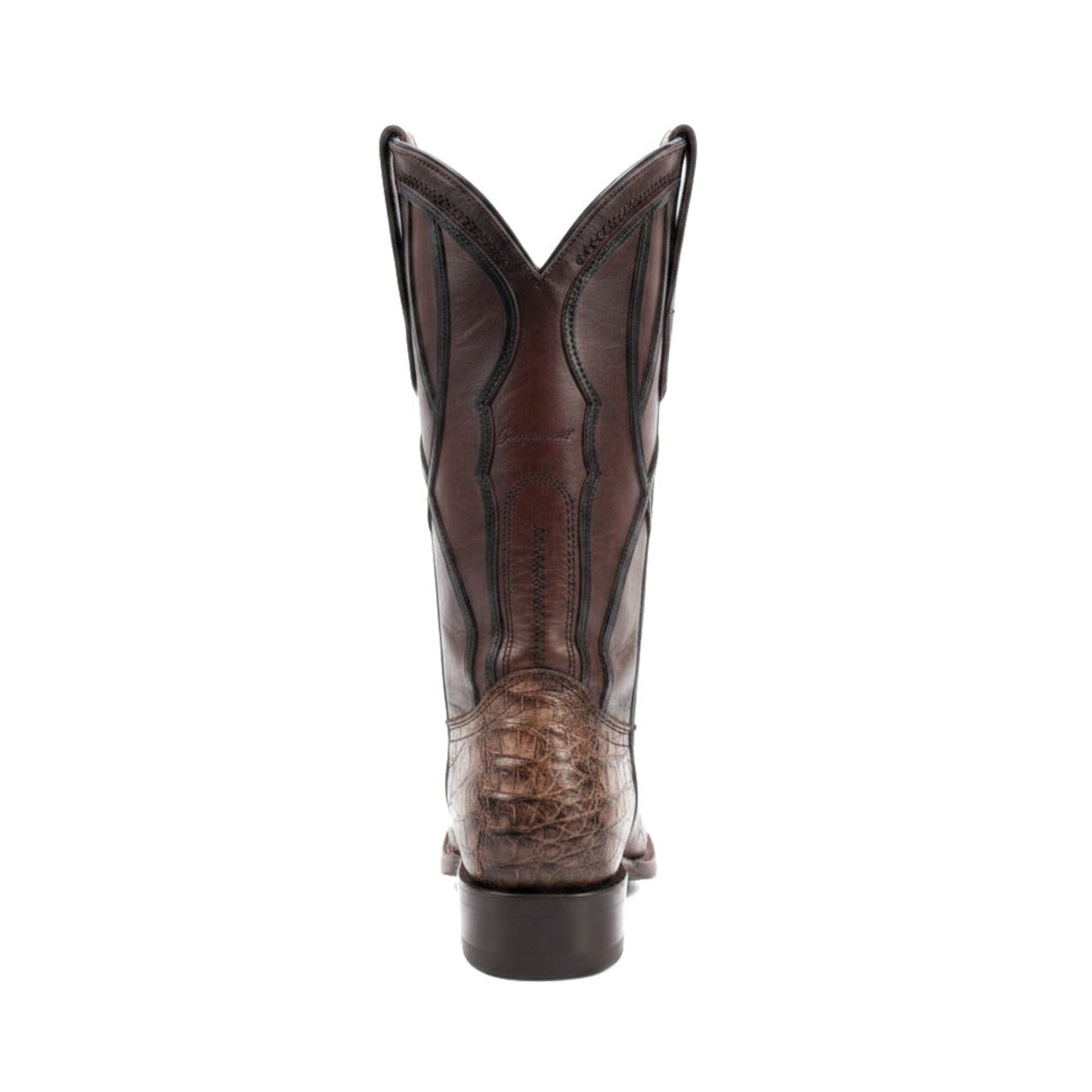 Cuadra Men’s Brown Caiman Embroidery and Woven Narrow Square Toe Boot back view with stitched shaft