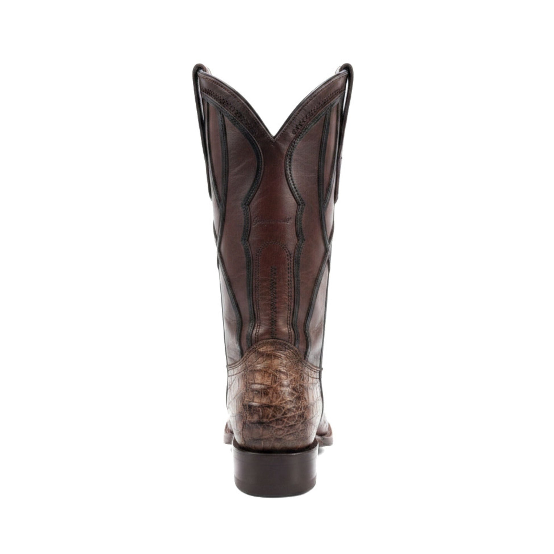 Cuadra Men’s Brown Caiman Embroidery and Woven Narrow Square Toe Boot back view with stitched shaft