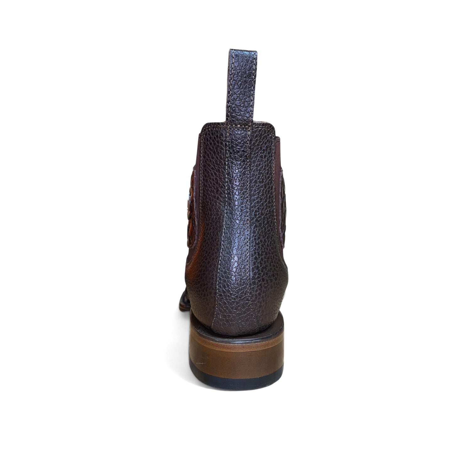 Vestigium Caiman Belly Café Boot back view with pull tabs