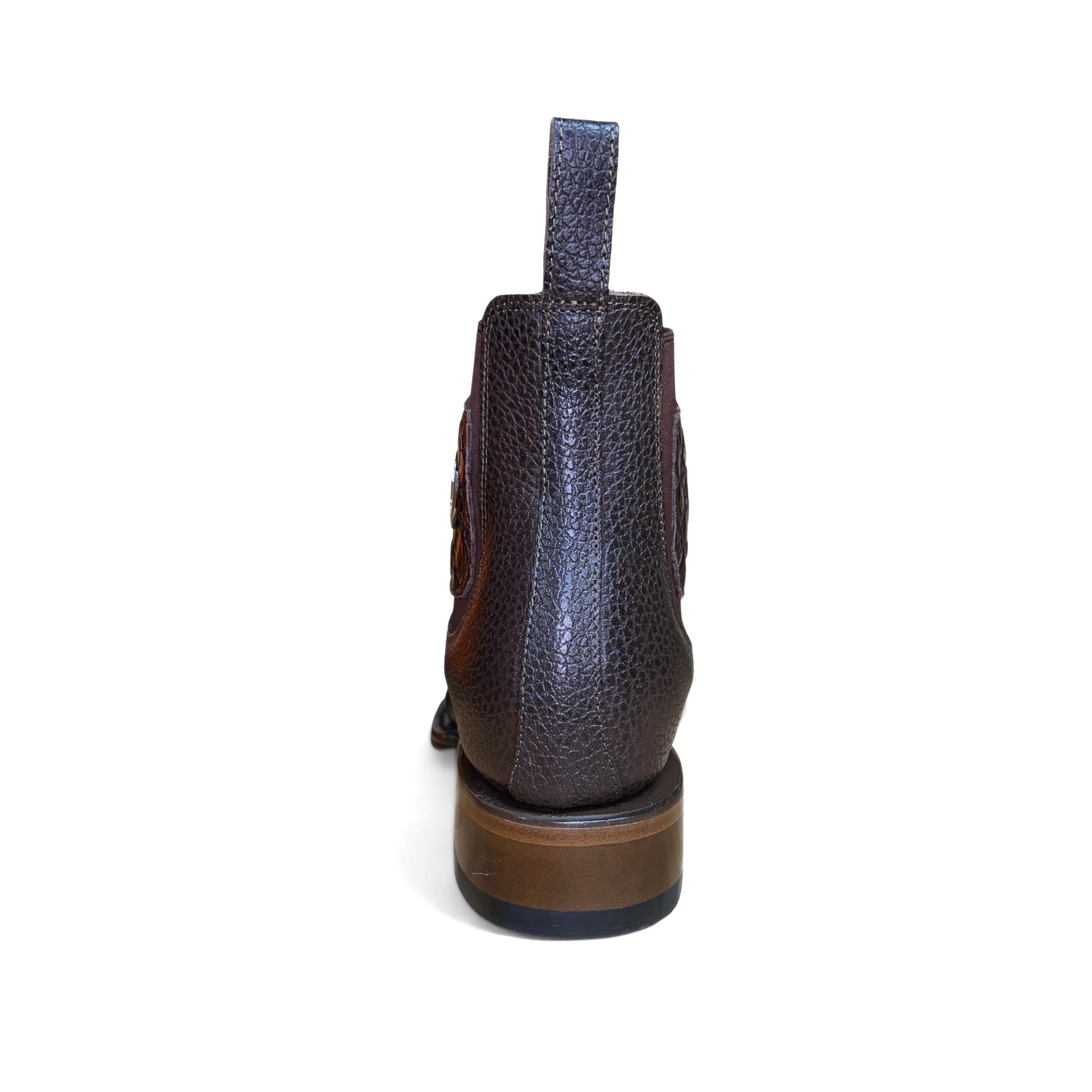 Vestigium Caiman Belly Café Boot back view with pull tabs