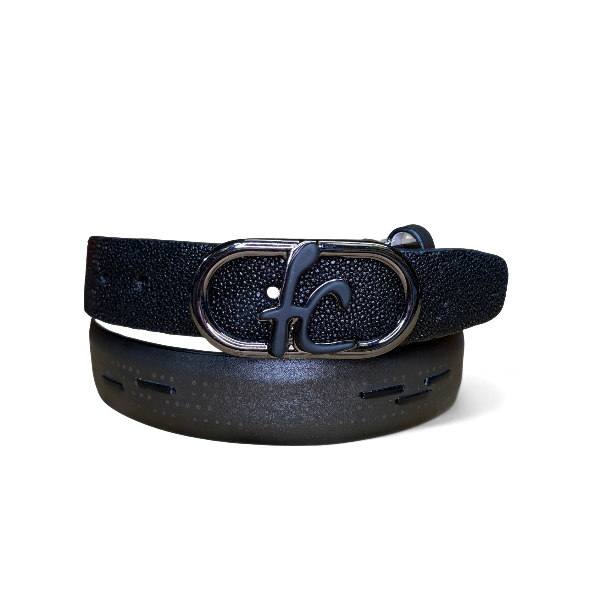 Cuadra Men’s Black Stingray Woven Belt front view in black exotic leather with buckle