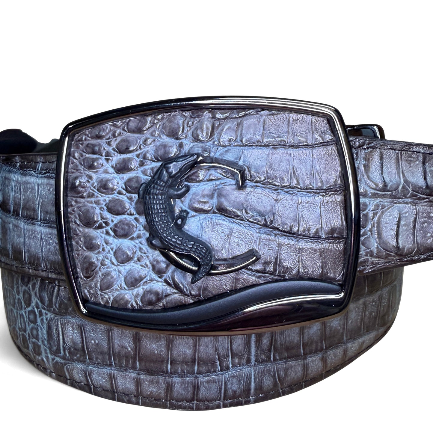 Cuadra Men’s Grey Caiman Stitching Belt close-up front view with exotic texture