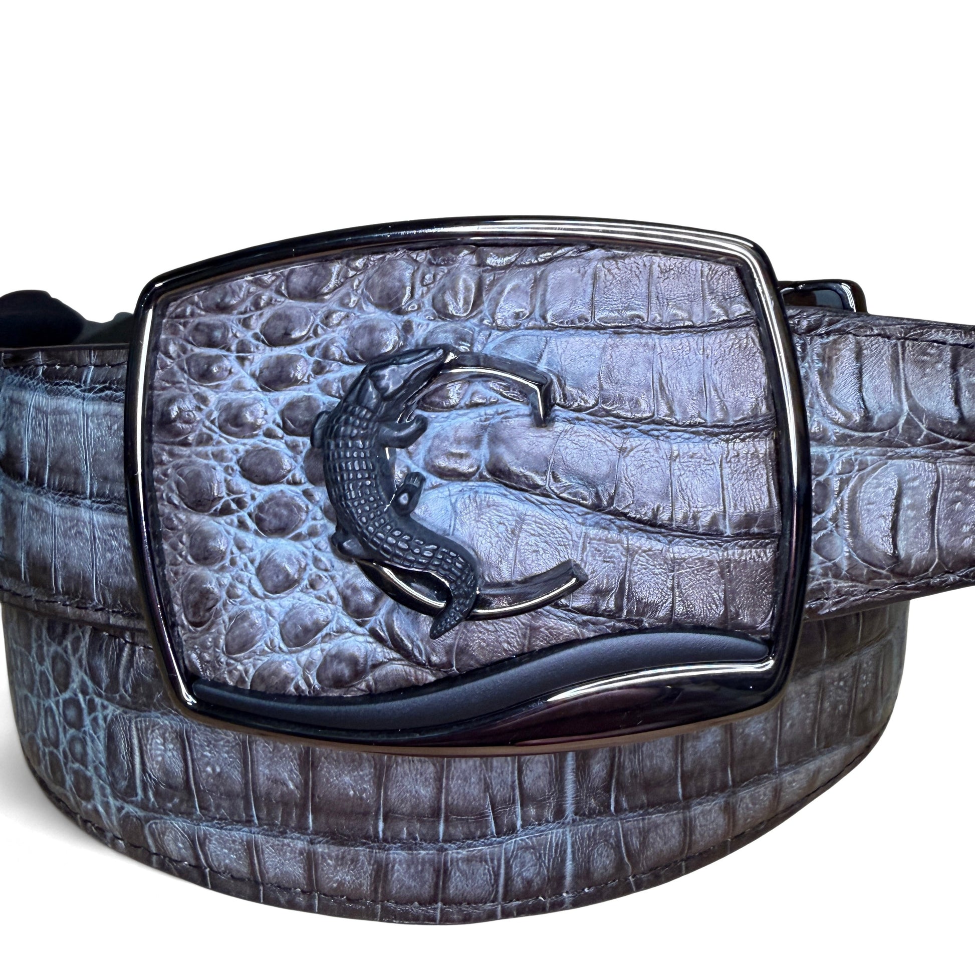 Cuadra Men’s Grey Caiman Stitching Belt close-up front view with exotic texture